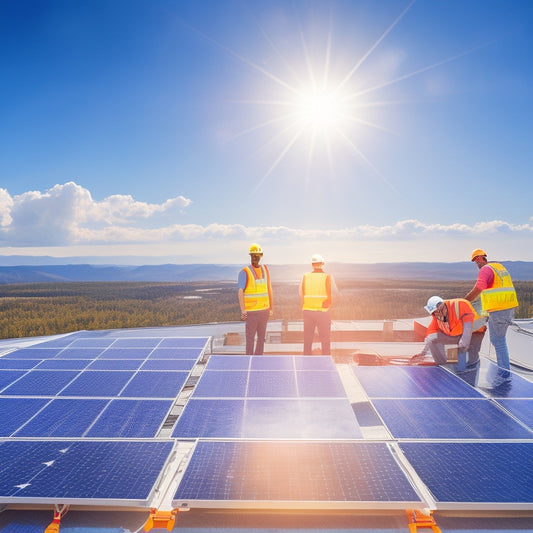 A photorealistic illustration of a residential rooftop with a team of technicians in high-visibility vests and hard hats, installing solar panels in a staggered pattern, with a bright blue sky and fluffy white clouds.