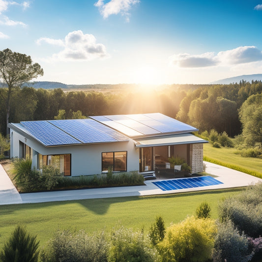 A serene landscape with a modern, eco-friendly home in the center, surrounded by lush greenery and a few solar panels installed on the roof, against a bright blue sky with fluffy white clouds.