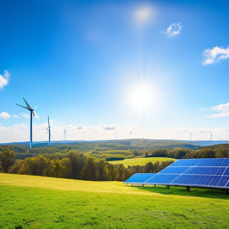 A bright blue sky with fluffy white clouds, solar panels and wind turbines installed on a green hill, surrounded by lush trees, with a subtle gradient of sunlight shining down.