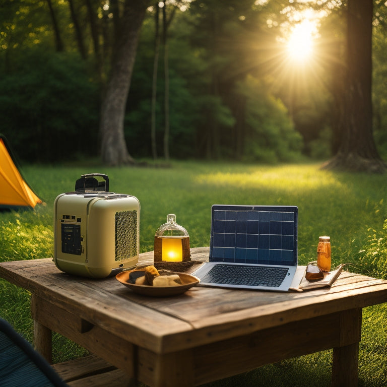 A serene outdoor setting with a portable solar generator, laptops, and camping gear, surrounded by lush greenery and a subtle sunny glow, evoking a sense of eco-friendly adventure.