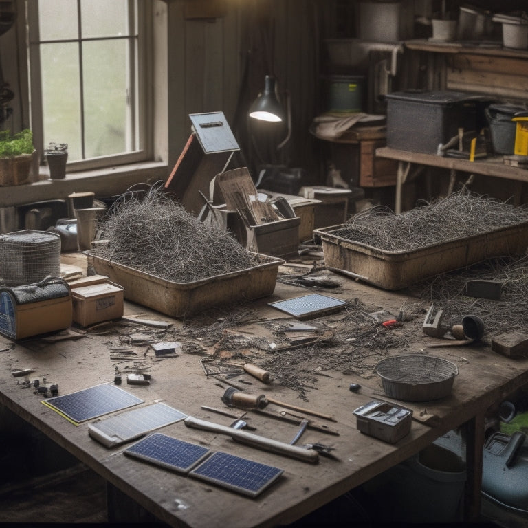 A cluttered workshop table with old, dismantled solar panels, wires, and tools scattered around, with a few panels already disassembled and sorted into categorized bins in the background.