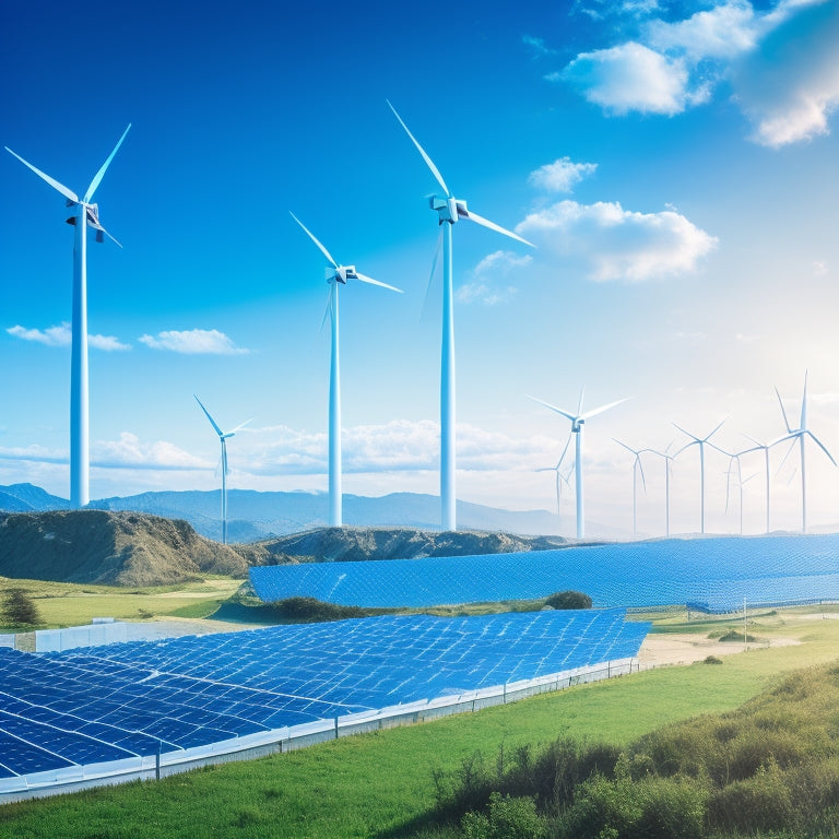 A futuristic landscape with wind turbines, solar panels, and energy storage systems, interconnected by glowing blue lines, set against a bright blue sky with fluffy white clouds.