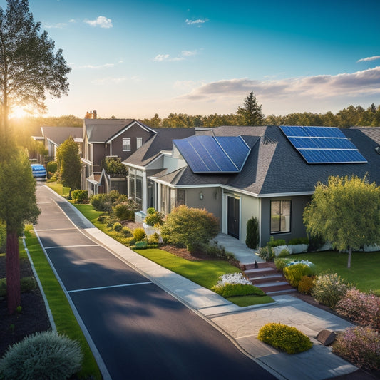 A serene suburban street lined with modern homes, each featuring sleek, black solar panels seamlessly integrated into their rooftops, with a few trees and a clear blue sky in the background.