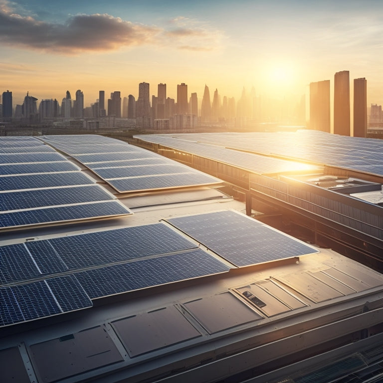 Illustrate a futuristic factory rooftop with rows of sleek, silver solar panels, surrounded by city skyscrapers, with a subtle sunburst in the background and a subtle grid pattern in the foreground.