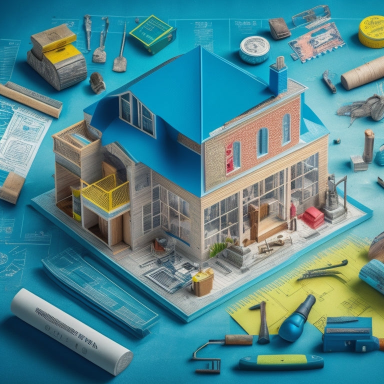 A colorful illustration featuring a blueprint of a house with various permit stamps and approval seals scattered around it, surrounded by construction tools and architectural symbols.