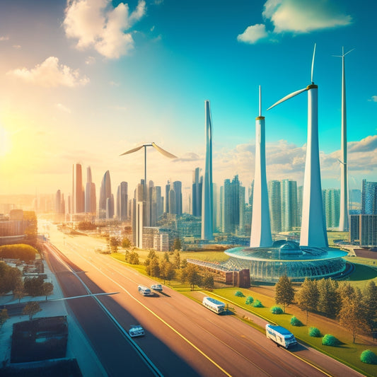 An illustration of a futuristic cityscape with sleek, modern buildings and wind turbines, surrounded by a subtle glow of green and blue hues, with a large, shining sun in the background.