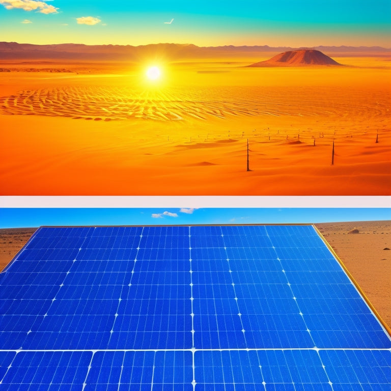 A split-screen image: a thermal image of a solar panel in a scorching desert, with heat waves and sunbeams radiating from the sun; and a magnified illustration of a solar panel's cells, with electrons flowing efficiently despite the heat.