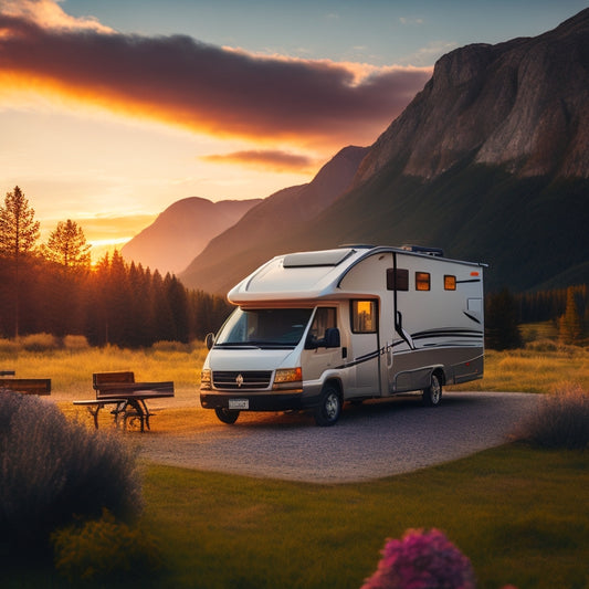 A serene landscape of a motorhome parked in a scenic campsite at sunset, with a few solar panels installed on its roof, surrounded by trees and a mountain range in the background.