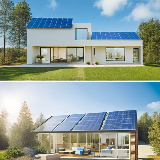 A split-screen image featuring a modern home's exterior with a mismatched solar panel system on the left, and a perfectly sized and aligned panel system on the right, with a bright blue sky and greenery in the background.