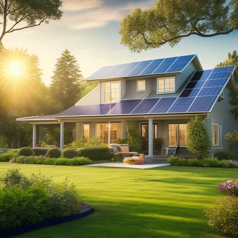 A serene suburban home with solar panels on the roof, surrounded by lush greenery, with a bright sun shining down, casting a warm glow on the entire scene.