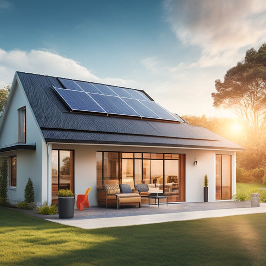 A illustration of a modern home with solar panels on the roof, a battery system in the garage, and a subtle background of a sunny day with fluffy white clouds.