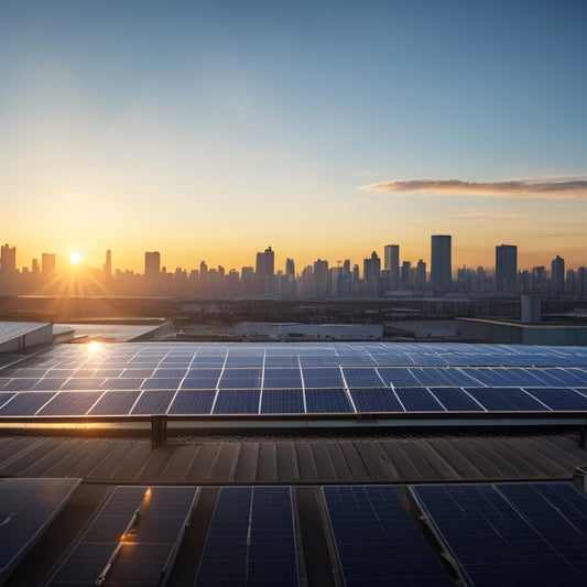 A serene, sun-lit industrial rooftop with rows of sleek, black solar panels glistening with dew, surrounded by cityscape, with a faint blue sky and puffy white clouds in the background.