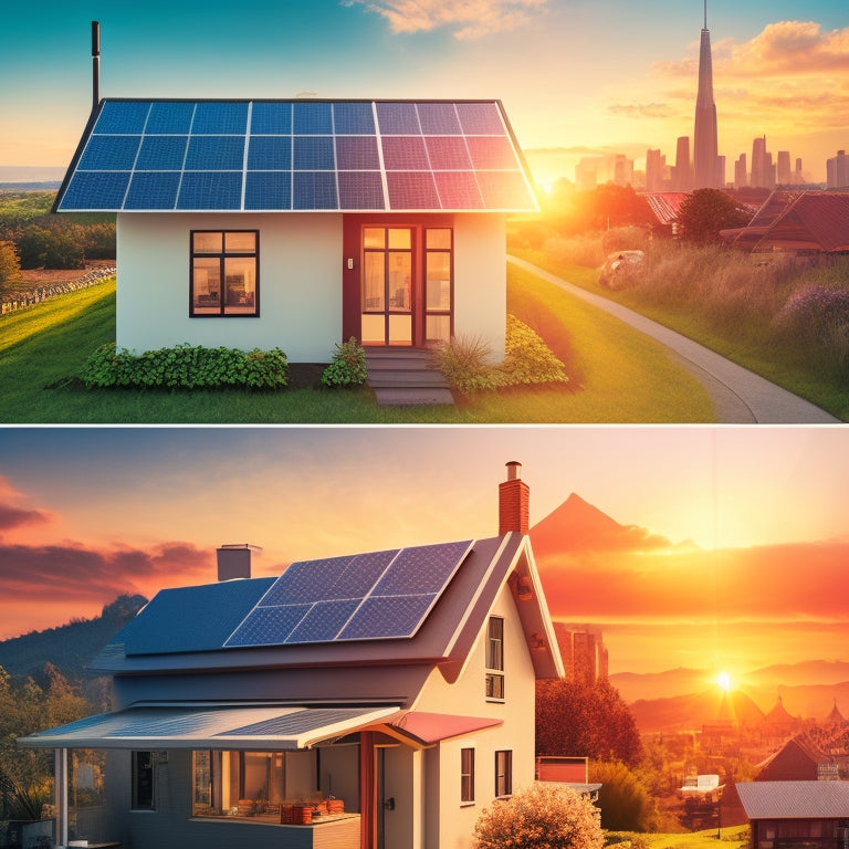 A split-screen illustration featuring a sunny landscape with a small house and solar panels on the roof, contrasted with a cityscape at sunset with skyscrapers and varying roof sizes, highlighting different installation scenarios.