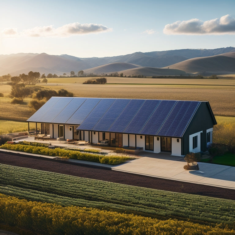 A sunny California landscape with rolling hills, a modern farmhouse in the distance, and rows of sleek, black solar panels installed on the rooftop and in the adjacent field.