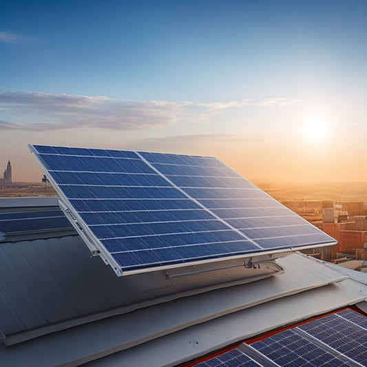 An illustration of a single solar panel installed on a rooftop, with various components highlighted, such as the panel itself, mounting system, inverter, and wiring, surrounded by subtle grid lines and a faint cityscape background.