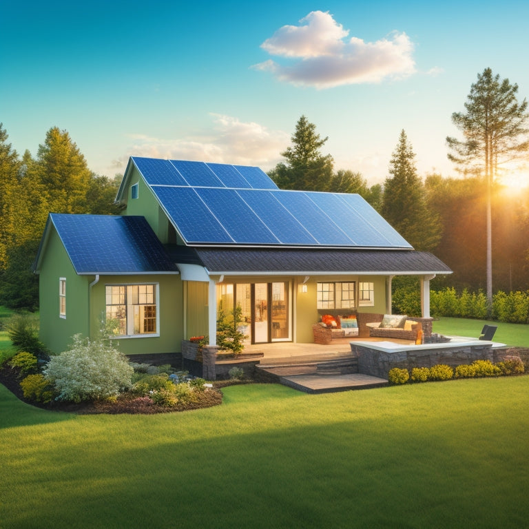 A serene suburban home with a mix of solar panels on the roof, a solar water heater on the side, and a small backyard solar farm with a few panels and a wind turbine.