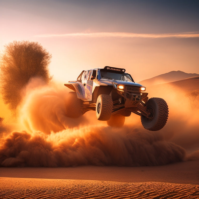 A dramatic, low-angle shot of a rugged, mud-splattered off-road racing vehicle in mid-air, wheels spinning, suspension flexed, set against a blurred, dusty desert landscape at sunset.