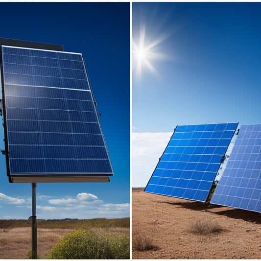 A split-screen image featuring a malfunctioning solar panel system with darkened or shattered panels on the left, and a repaired system with clean, angled panels and a bright blue sky on the right.