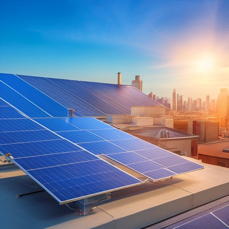 A photorealistic illustration of a commercial building rooftop with a partially installed solar panel array, surrounded by tools and equipment, with a subtle cityscape background and a bright blue sky.