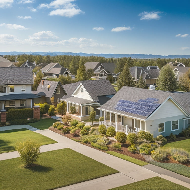 A serene suburban neighborhood with 5-7 houses, each with a distinct solar panel installation on the roof, showcasing varying sizes and angles, against a clear blue sky with a few white, puffy clouds.