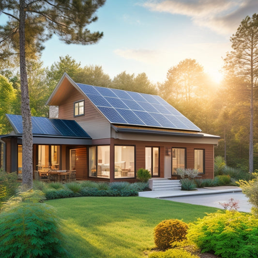 A serene suburban home with a pitched roof, surrounded by lush greenery, featuring a sleek solar panel array installed on the south-facing slope, with a few panels slightly angled for optimal energy harvesting.