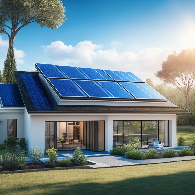 An illustration of a modern home with solar panels on the roof, surrounded by greenery and a bright blue sky with fluffy white clouds, with a subtle hint of a cityscape in the background.