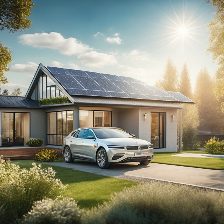 A stylized illustration of a sleek, silver hybrid car parked in front of a modern, eco-friendly home with a rooftop solar panel array, surrounded by lush greenery and a bright blue sky.