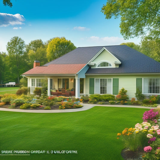 A serene suburban home with a lush green lawn, surrounded by blooming flowers, featuring a sleek roof with 10 different solar panel models installed, each with unique designs and frame colors.