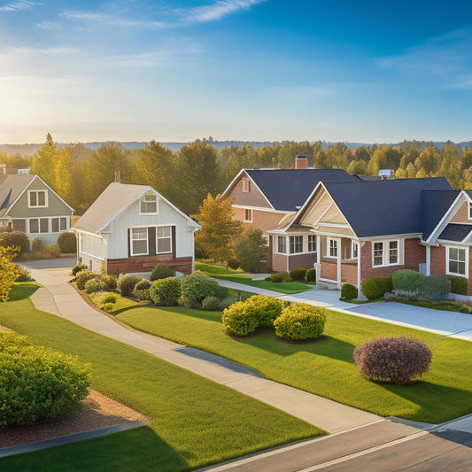 A serene suburban neighborhood with 5-7 small homes, each with 2-3 solar panels installed on rooftops, against a clear blue sky with a few fluffy white clouds.