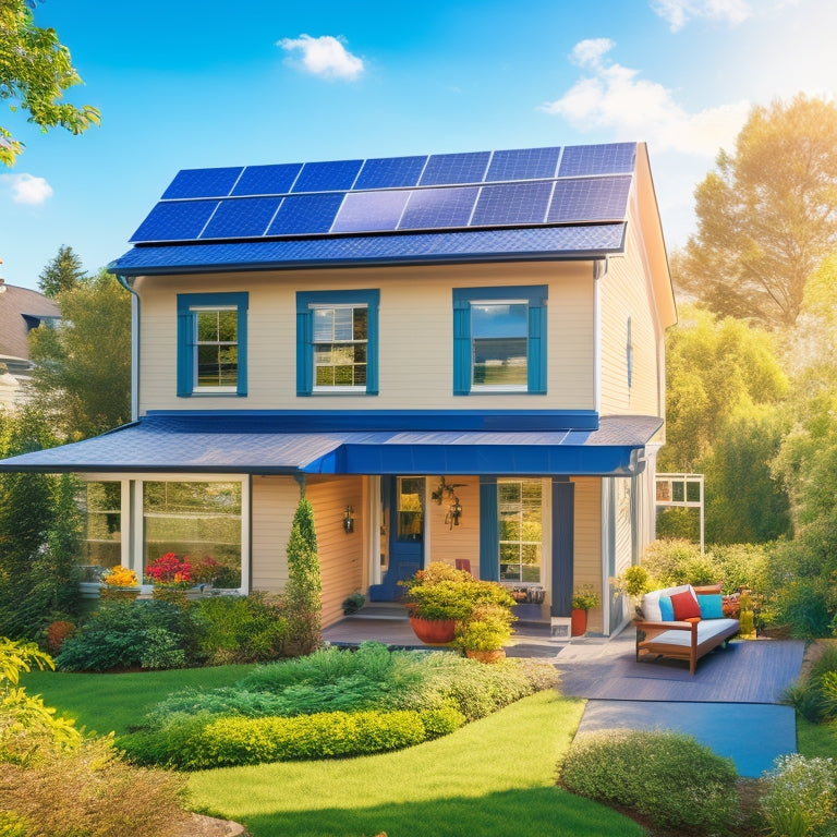 A serene suburban home with a bright blue sky, surrounded by lush greenery, featuring a rooftop with partially installed solar panels, tools, and a ladder, conveying a sense of progress and eco-friendliness.