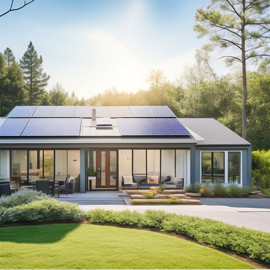 A serene suburban home with a sleek, modern roof, featuring a mosaic of high-efficiency solar panels in a staggered pattern, surrounded by lush greenery and a bright blue sky.