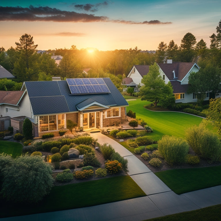 A serene suburban neighborhood with multiple homes, each featuring a unique solar panel installation, surrounded by lush greenery, with a subtle sunny glow and a faint dollar sign ($) pattern in the sky.