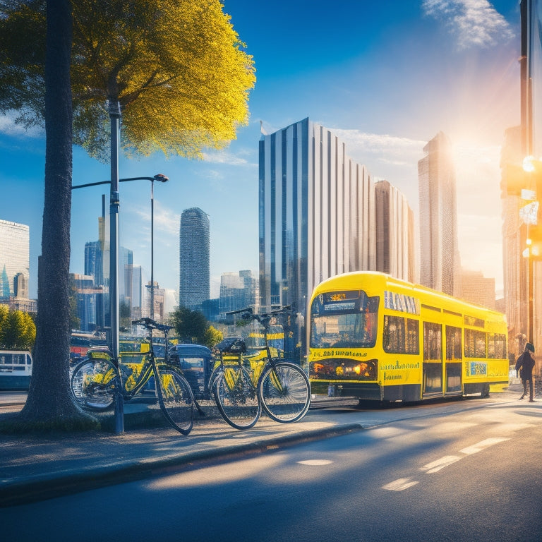 A vibrant, sunny cityscape with e-bikes parked at a bustling public transportation hub, surrounded by buses and trains, featuring a prominent, eye-catching "E-Bike Discount" logo on a large, glowing billboard.