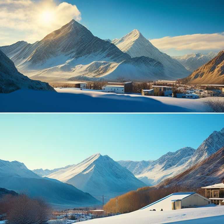 A split-screen image: a pristine, snow-capped mountain with a solitary, inefficient solar panel in the foreground, versus a bustling cityscape with a building's rooftop cluttered with obsolete, dusty panels.