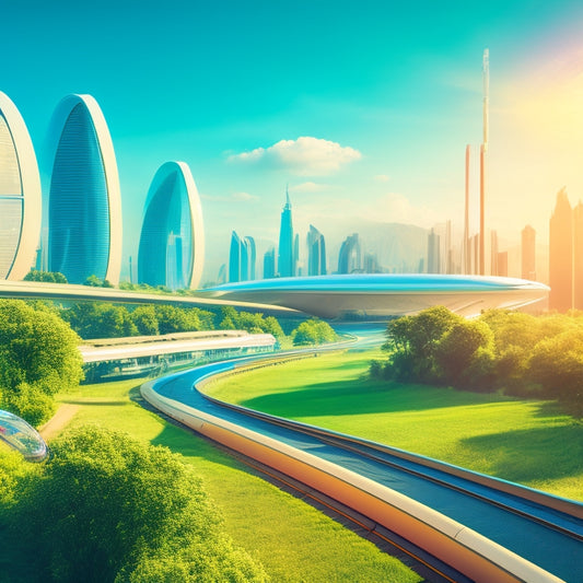 An illustration of a futuristic cityscape with sleek, aerodynamic electric vehicles, hyperloops, and high-speed rail lines, set against a backdrop of lush greenery and a bright blue sky.