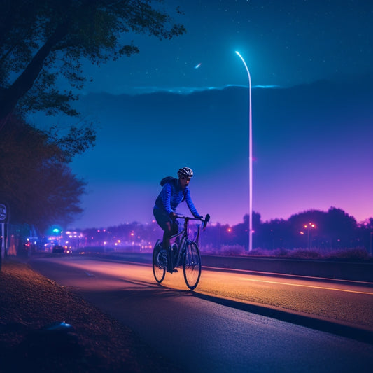 A darkened cityscape at dusk with a cyclist in the distance, surrounded by a constellation of glowing bike lights, reflectors, and illuminated safety gear, set against a deep blue-purple sky.