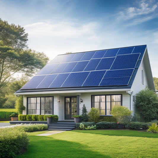 A serene suburban home with a sleek, black solar panel array installed on its rooftop, surrounded by lush greenery, with a bright blue sky and fluffy white clouds in the background.