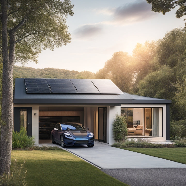 A serene suburban home with sleek, black solar panels installed on the roof, surrounded by lush greenery, with a Tesla Powerwall battery visible in the garage, amidst a minimalist, modern interior design.