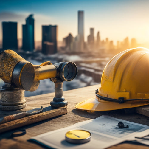 A partially constructed building with a yellow hard hat, blueprints, and a magnifying glass on a wooden beam, surrounded by scattered tools and a cityscape in the background.