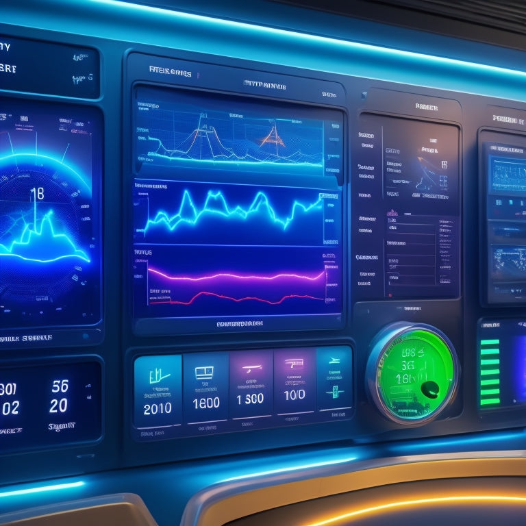 A futuristic dashboard with gauges, dials, and graphs displaying real-time energy output, surrounded by wires, circuits, and machinery, with a subtle grid of ones and zeroes in the background.