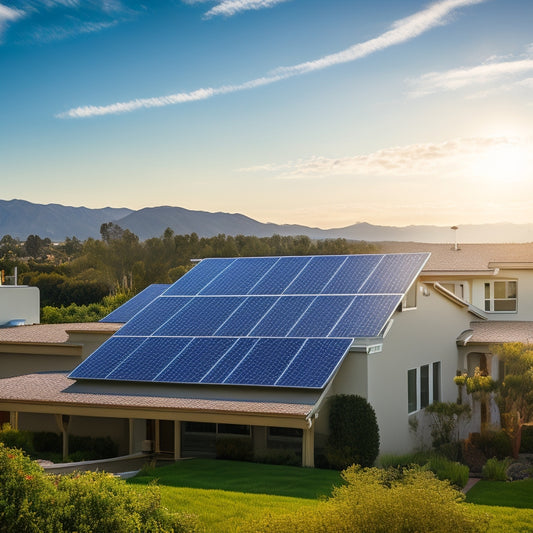 A serene California landscape with a residential rooftop in the foreground, featuring a prominent solar panel array, set against a bright blue sky with a few puffy white clouds.