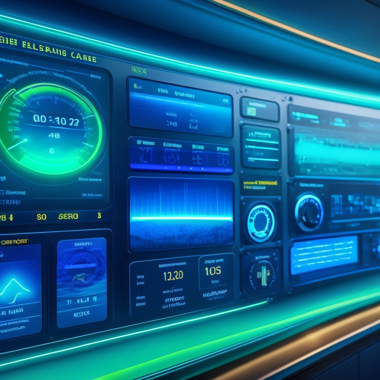 A futuristic dashboard displaying a solar panel array with flashing green lights, surrounded by gauges, graphs, and icons representing real-time data, efficiency metrics, and alerts, set against a dark blue background.