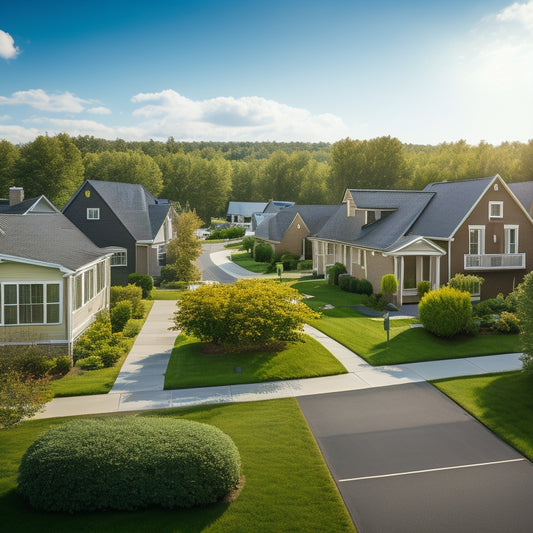 A serene suburban street with 10 identical houses, each with a distinct solar panel installation, varying in size, angle, and roof type, surrounded by lush greenery and a bright blue sky.