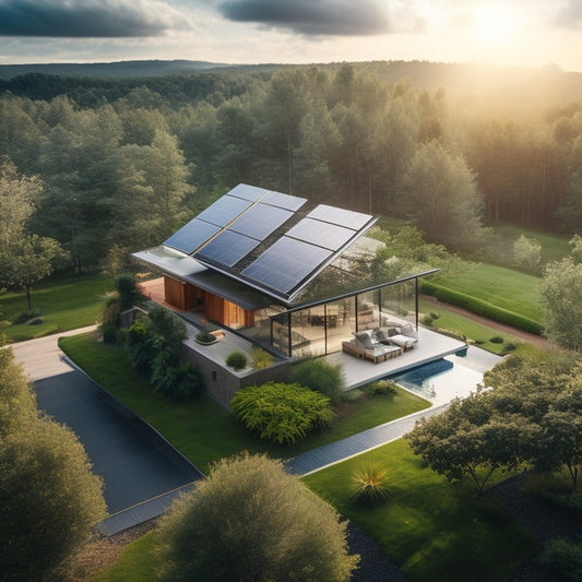 A serene landscape with a modern home in the center, surrounded by lush greenery, featuring a rooftop covered in sleek, black solar panels, with a few panels slightly angled to showcase their crystalline structure.