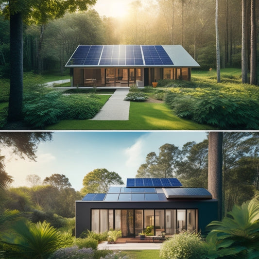 A split-screen image: a sleek, modern home with solar panels on the roof, surrounded by lush greenery, versus a cluttered, outdated house with broken solar panels and overgrown vegetation.