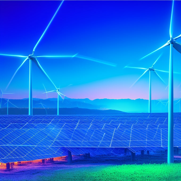 A futuristic, glowing blue network of nodes and lines connecting wind turbines, solar panels, and energy storage units, set against a dark blue and green gradient background, symbolizing a sustainable energy ecosystem.