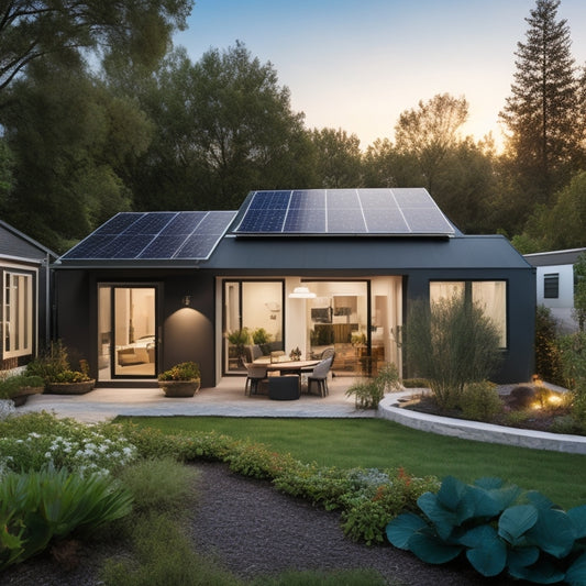 A serene backyard with a small, modern house, a 2-kilowatt solar panel array on the roof, and a sleek inverter on the exterior wall, surrounded by lush greenery and a few solar-powered outdoor lights.