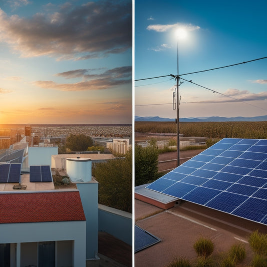 A split-screen image featuring a rooftop with solar panels on one side and a conventional electricity meter on the other, with contrasting bright and dim lighting, and varying meter speeds.