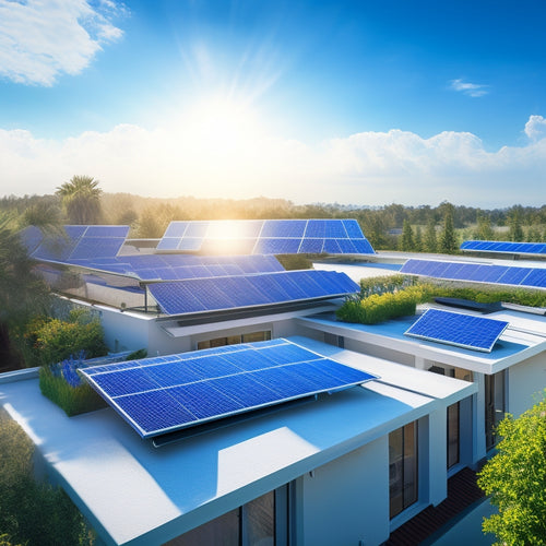 An illustration of a modern residential rooftop with multiple solar panels at varying angles, surrounded by lush greenery and a bright blue sky with a few puffy white clouds.