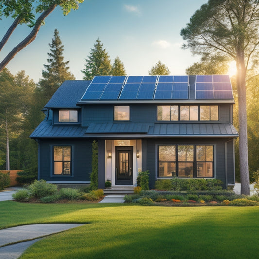 A serene suburban home with a sleek, black solar roof system, surrounded by lush greenery, with a subtle sunbeam illuminating the panels, and a faint electricity meter in the corner.